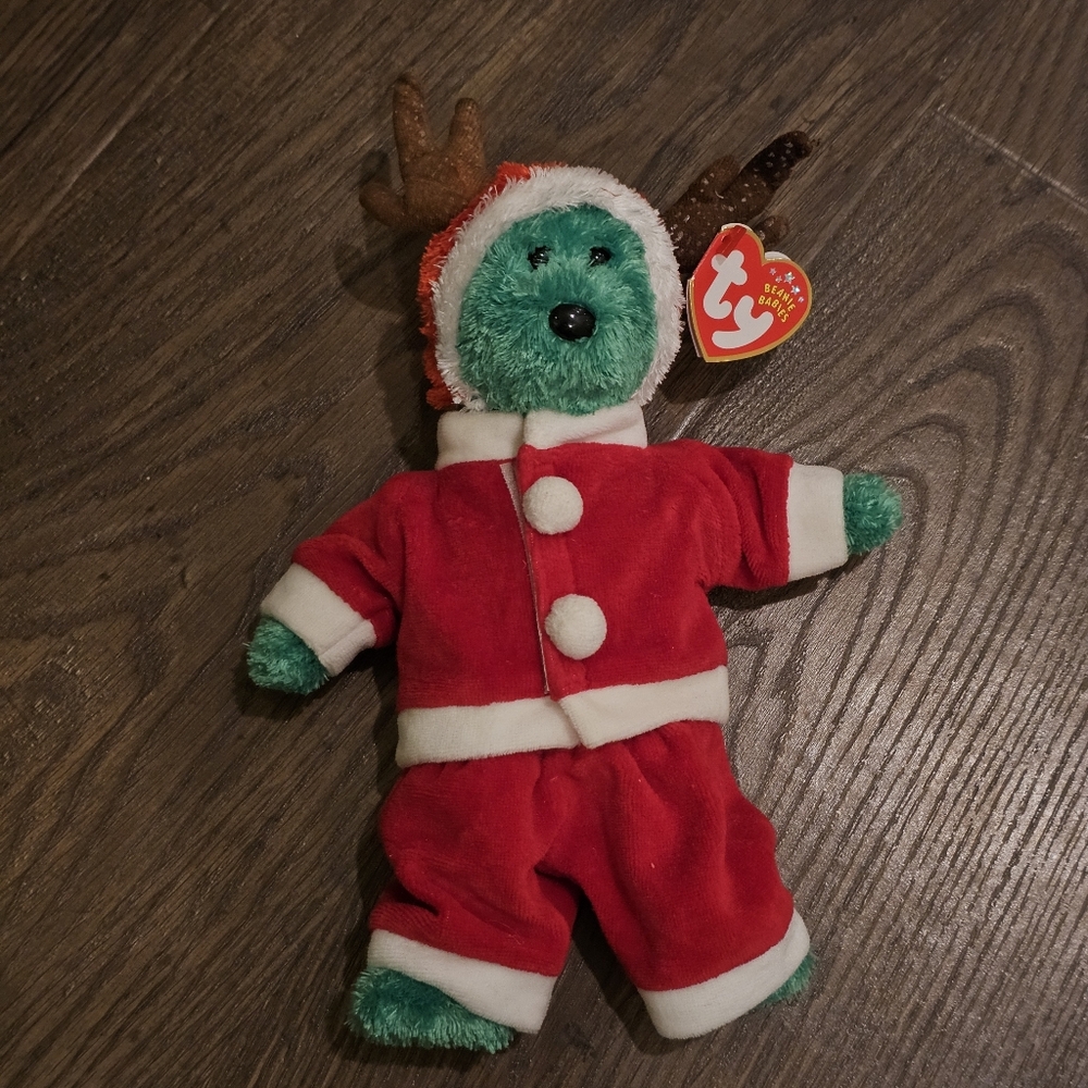 Ty 2002 Holiday Teddy Plush Bear in Red Santa Suit with Antlers